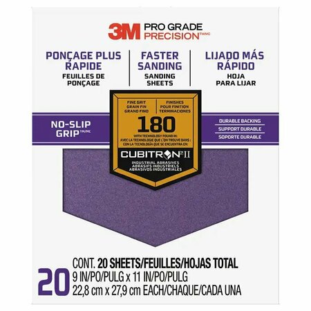 3M 9"x11" Pro Grade Precision No-Slip Grip Sanding Sheet 180-Grit, PK 20 27180 Tri-20
